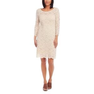 Karen Kane Lace Shift Dress Scoop Neck Knee Length 3/4 Sleeve Beige Tan XS NWT